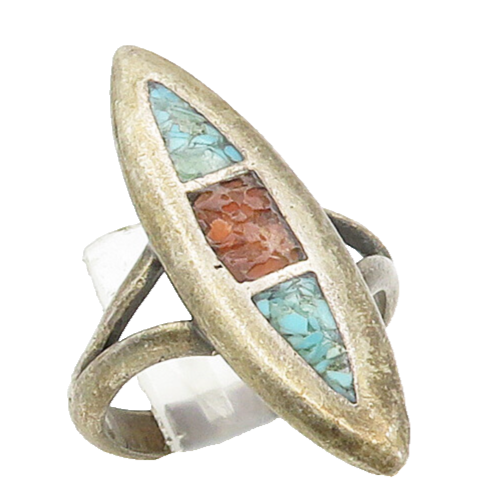 SOUTHWESTERN 925 Silver Vintage Turquoise & Coral Band Ring Sz 4 RG16995