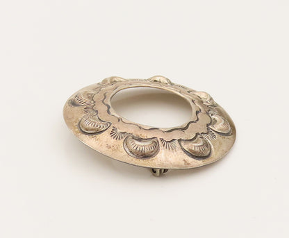 NAVAJO 925 Silver  Vintage Open Center Etched Lines Flower Brooch Pin  BP10239