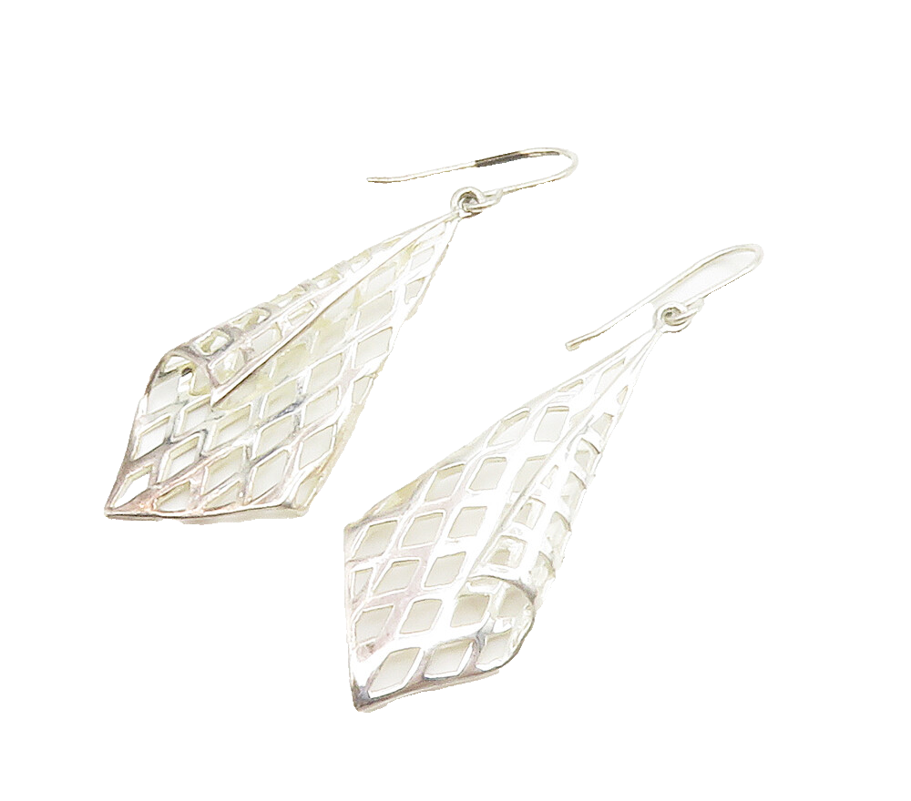 925 Sterling Silver  Shiny Cutout Folded Design Dangle Earrings  EG7571