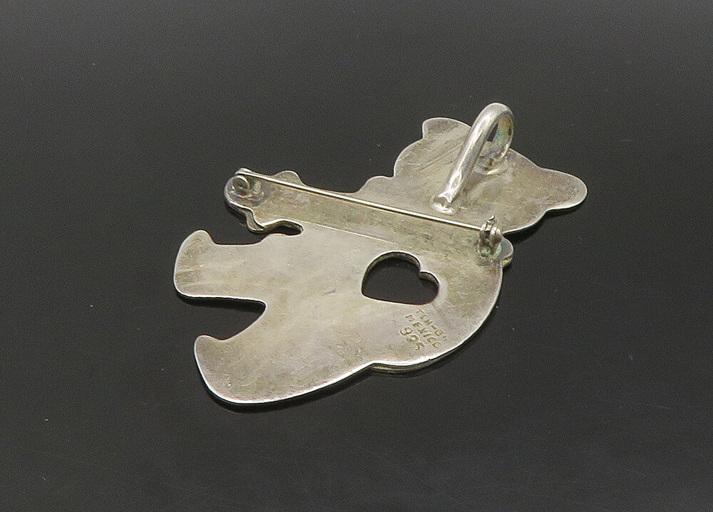 MEXICO 925 Silver  Vintage Teddy Bear Love Heart Sweater Brooch Pin  BP8984