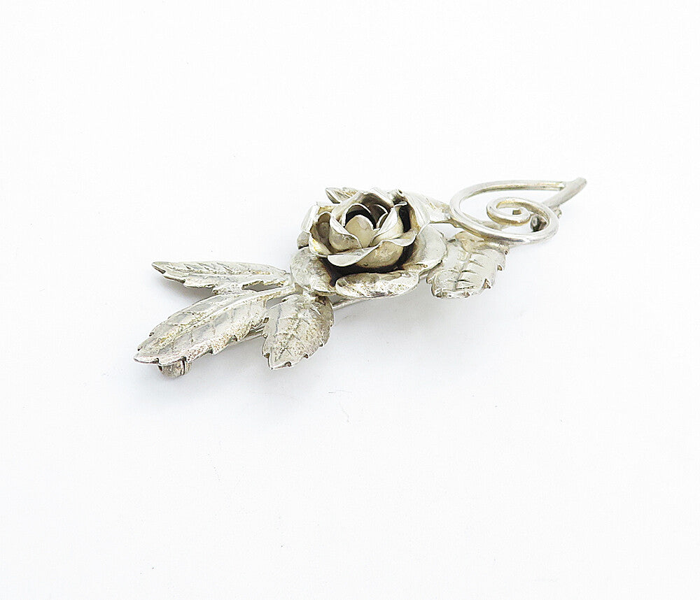 925 Sterling Silver  Vintage Shiny Sculpted Rose Flower Brooch Pin  BP2231