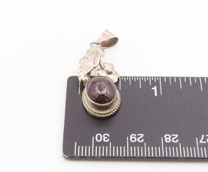 925 Sterling Silver Vintage Pendant Cabochon Garnet Floral Leaf Charm  PT26559