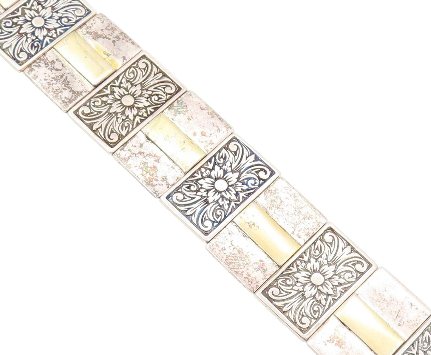 14k Gold 925 Sterling Silver Vintage Bracelet ISRAEL Floral Design  BT11044