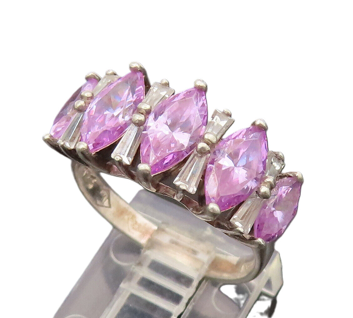 925 Silver  Vintage Dancing Purple Cubic Zirconia Five Stone Ring Sz 8 RG26445