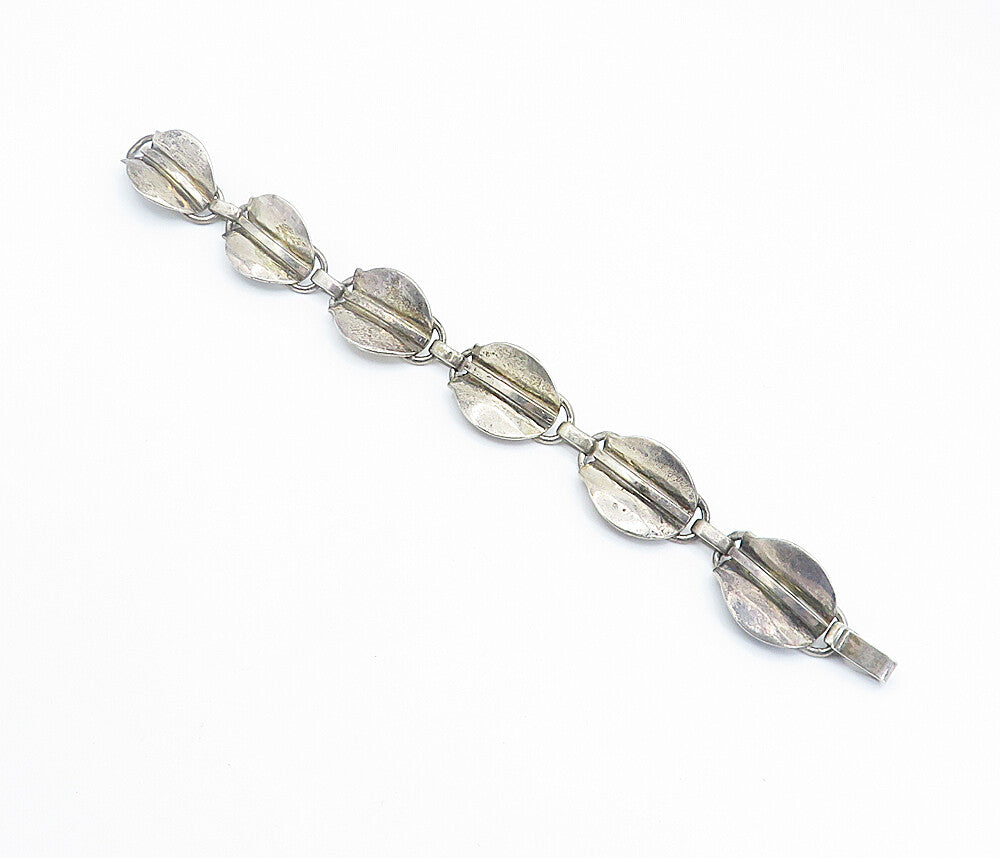 925 Sterling Silver  Vintage Modernist Floral Leaf Link Chain Bracelet  BT3325