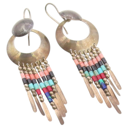 925 Sterling Silver Vintage Earrings SOUTHWESTERN Multi Gemstone Dangle  EG14501