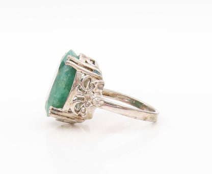 925 Sterling Silver Vintage Ring Diamonds Oval Cut Green Gemstone  Sz 8  RG30208