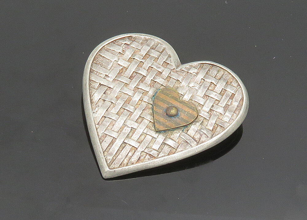 925 Sterling Silver  Vintage Two Tone Weaved Love Heart Brooch Pin  BP7828