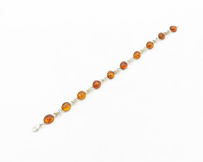 925 Sterling Silver  Vintage Cabochon Cut Amber Shiny Chain Bracelet  BT7690
