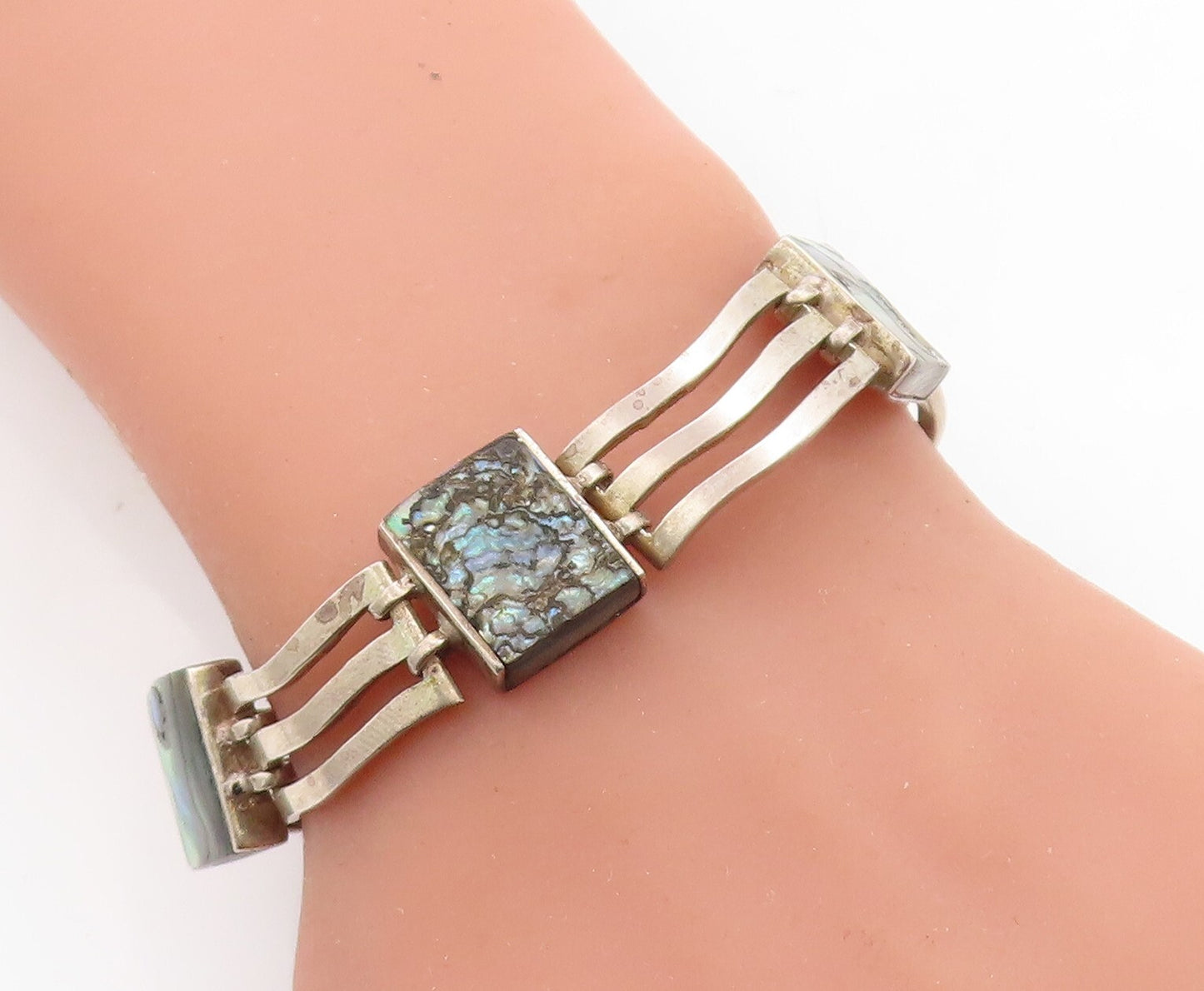 MEXICO 925 Sterling Silver Vintage Abalone Shell Square Chain Bracelet BT2006