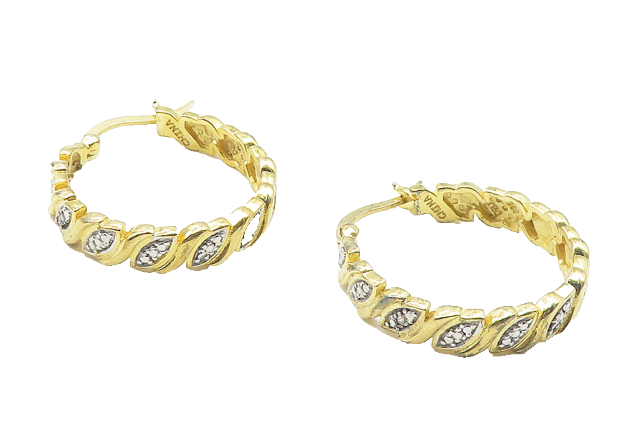 925 Sterling Silver  Genuine Diamonds Shiny Two Tone Hoop Earrings  EG6013
