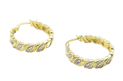 925 Sterling Silver  Genuine Diamonds Shiny Two Tone Hoop Earrings  EG6013