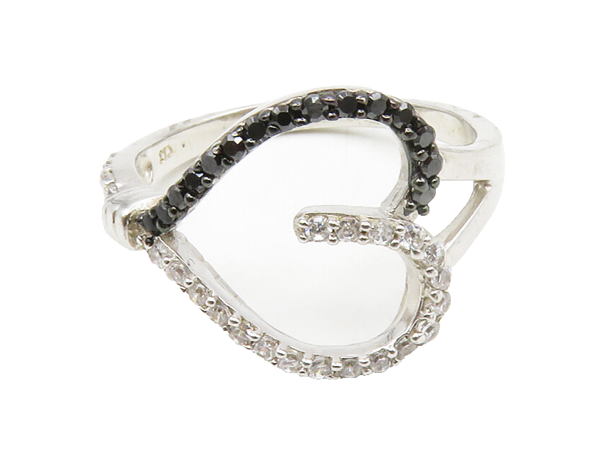 925 Sterling Silver  Hematite & Cubic Zirconia Heart Band Ring Sz 9  RG13990