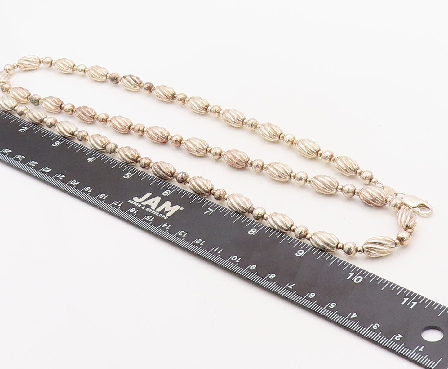 925 Sterling Silver Vintage Necklace Long Grooved Puffed Beads Chain  NE4398