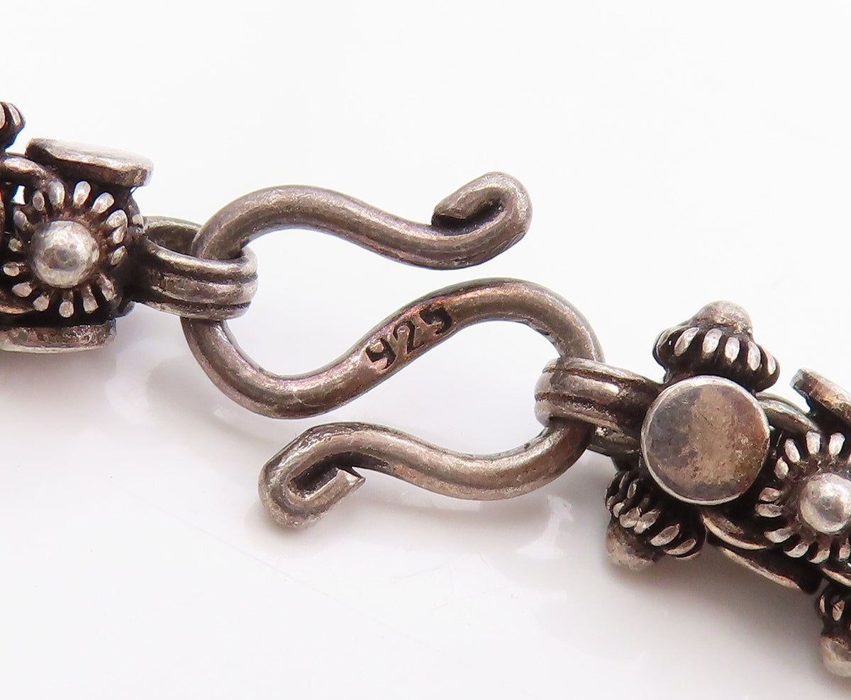 925 Sterling Silver Vintage Necklace Dark Tone Floral Beaded Rope Chain  NE4676