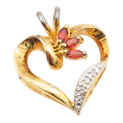 925 Sterling Silver  Vintage Genuine Diamond & Garnet Heart Pendant  PT16803