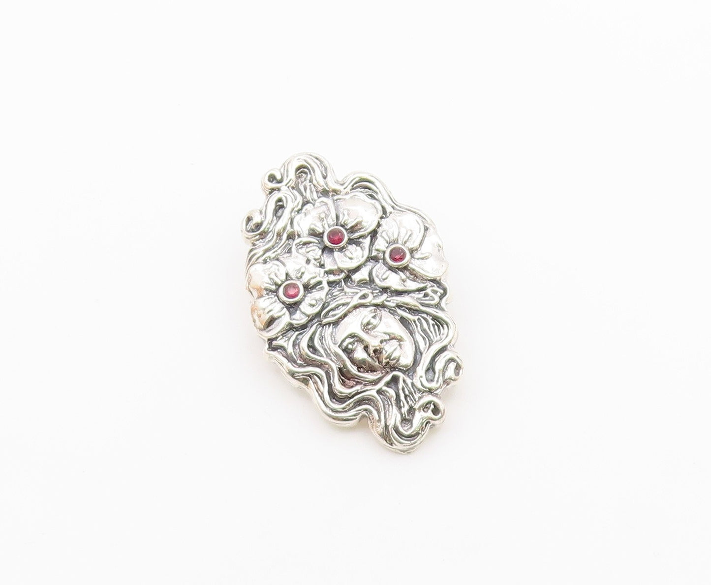 925 Sterling Silver  Vintage Garnet Floral Woman Shiny Brooch Pin  BP7953