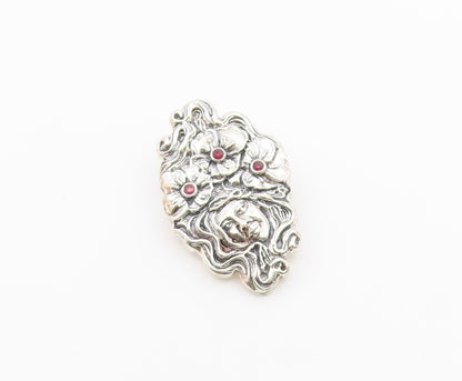 925 Sterling Silver  Vintage Garnet Floral Woman Shiny Brooch Pin  BP7953