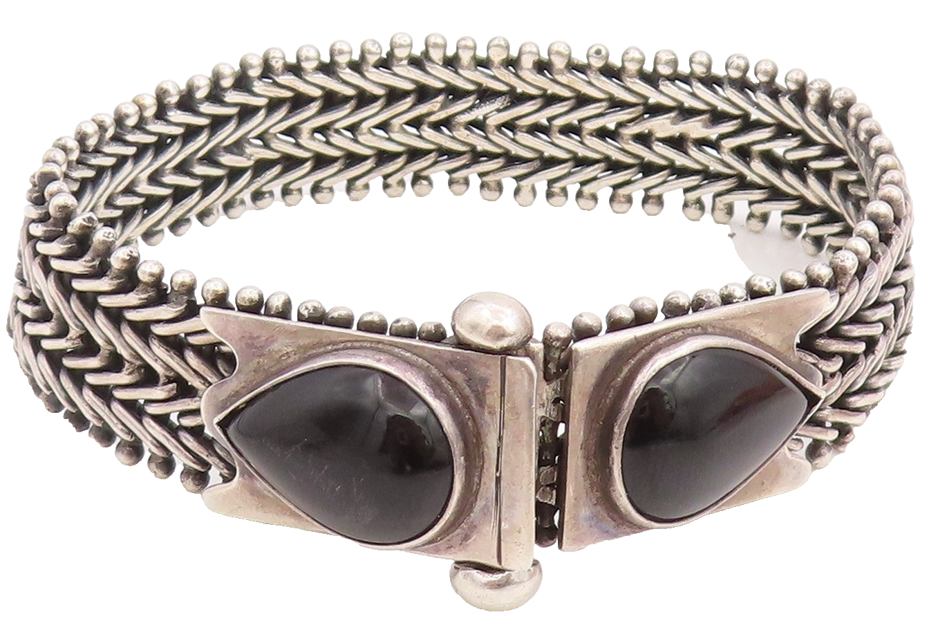 925 Sterling Silver Vintage Bracelet Pear Cut Onyx Intricate Woven Link  BT11847