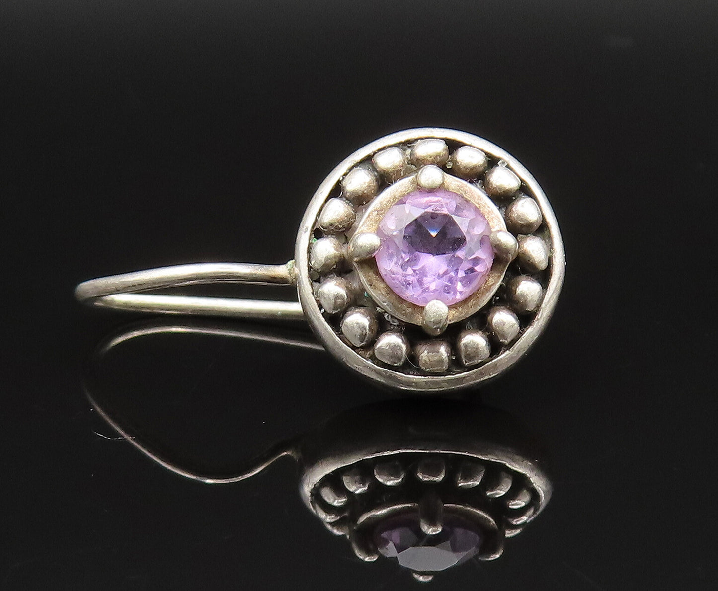 925 Sterling Silver  Vintage Dotted Edge Amethyst Drop Earrings  EG11876