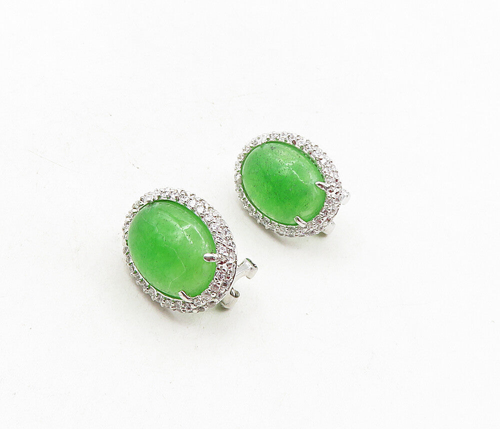 925 Sterling Silver  Cabochon Cut Green Topaz Shiny Drop Earrings  EG4768