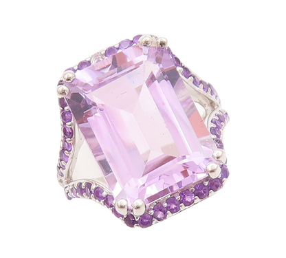 925 Sterling Silver Vintage Ring Rectangle Amethyst Split Neck  Sz 7  RG29168