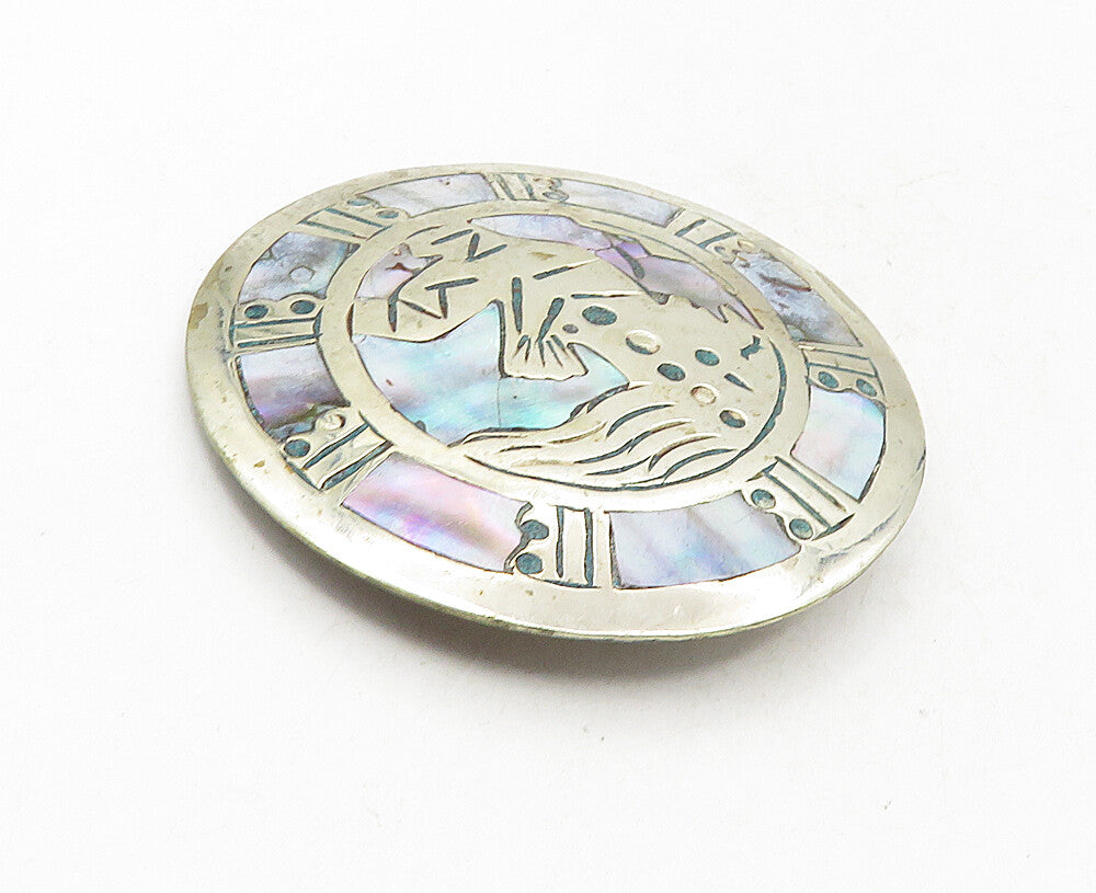 MEXICO 925 Sterling Silver  Vintage Abalone Traditional Brooch Pin  BP3484