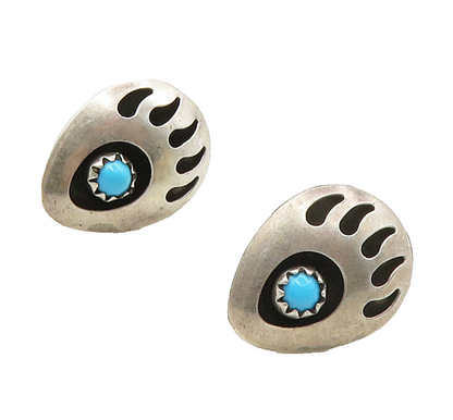 NAVAJO 925 Sterling Silver  Vintage Turquoise Bear Paw Print Earrings  EG8147