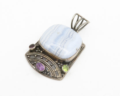 925 Sterling Silver  Vintage Agate Amethyst Peridot & Garnet Pendant  PT10672