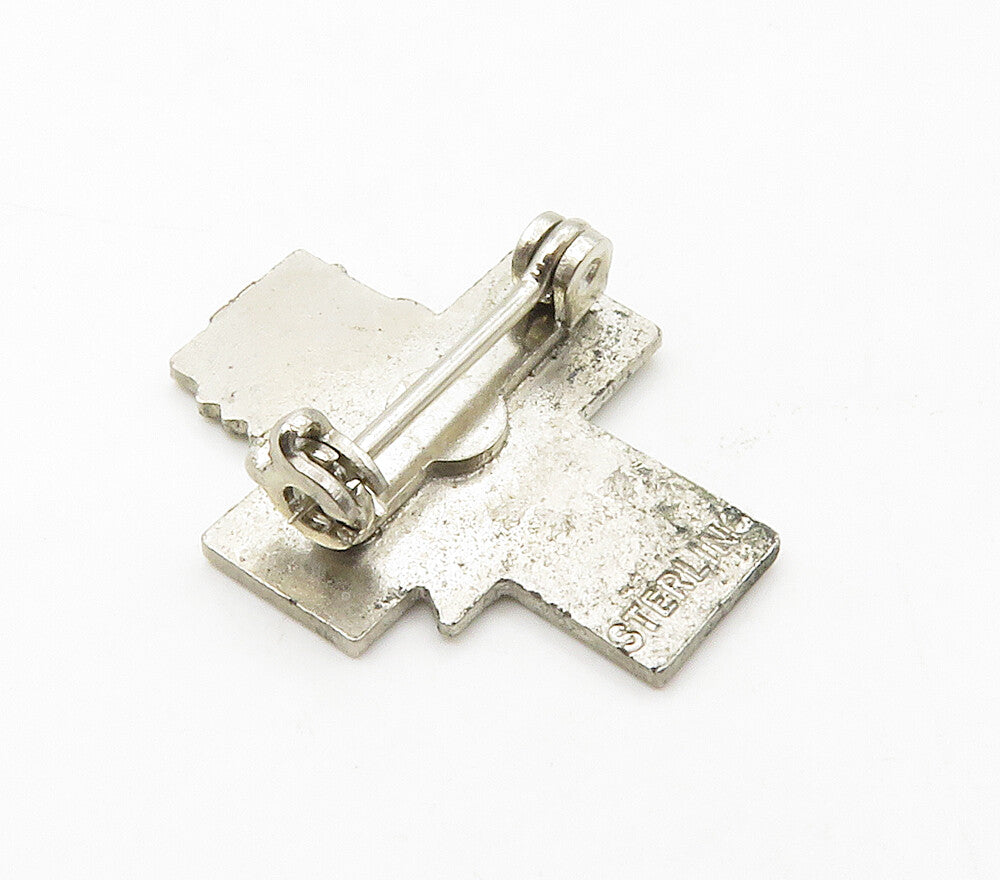 925 Sterling Silver  Vintage Enamel Dove Religious Cross Brooch Pin  BP6476