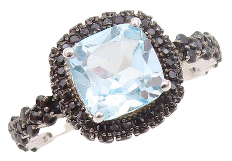 925 Sterling Silver Vintage Ring Square Cut Blue Topaz & Spinel  Sz 7  RG30270