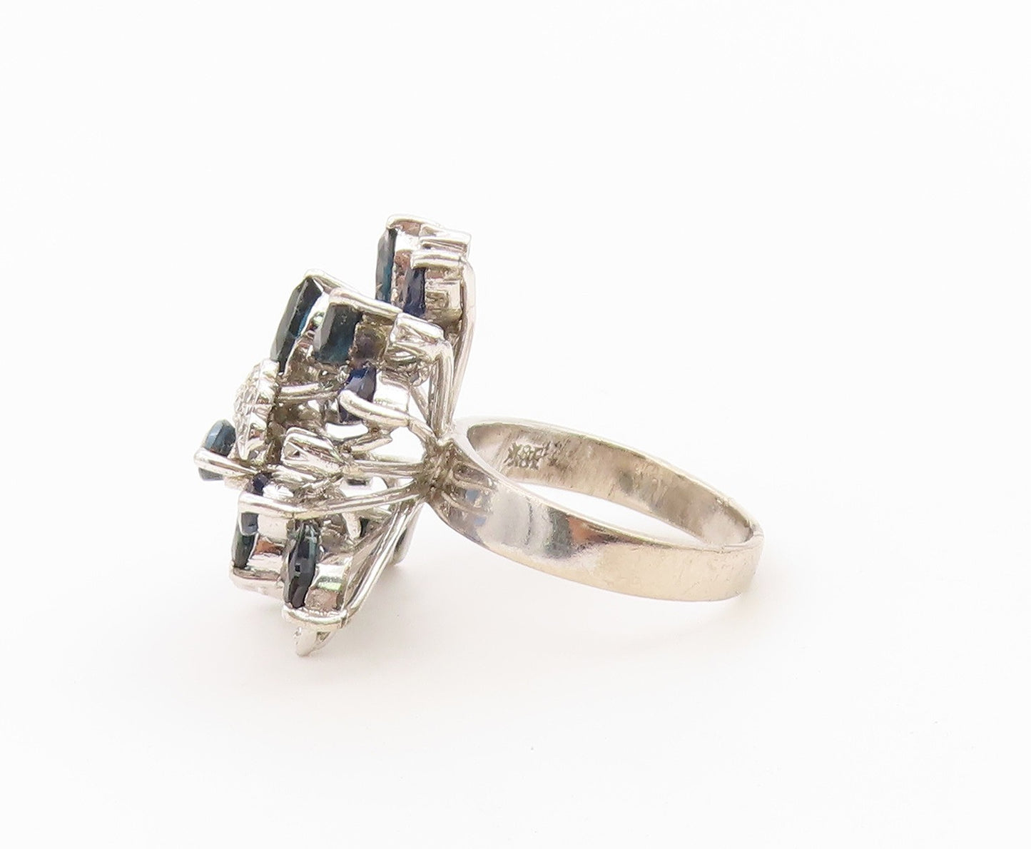 925 Sterling Silver Vintage Ring Real Diamonds Sapphire Flower  Sz 6  RG36602