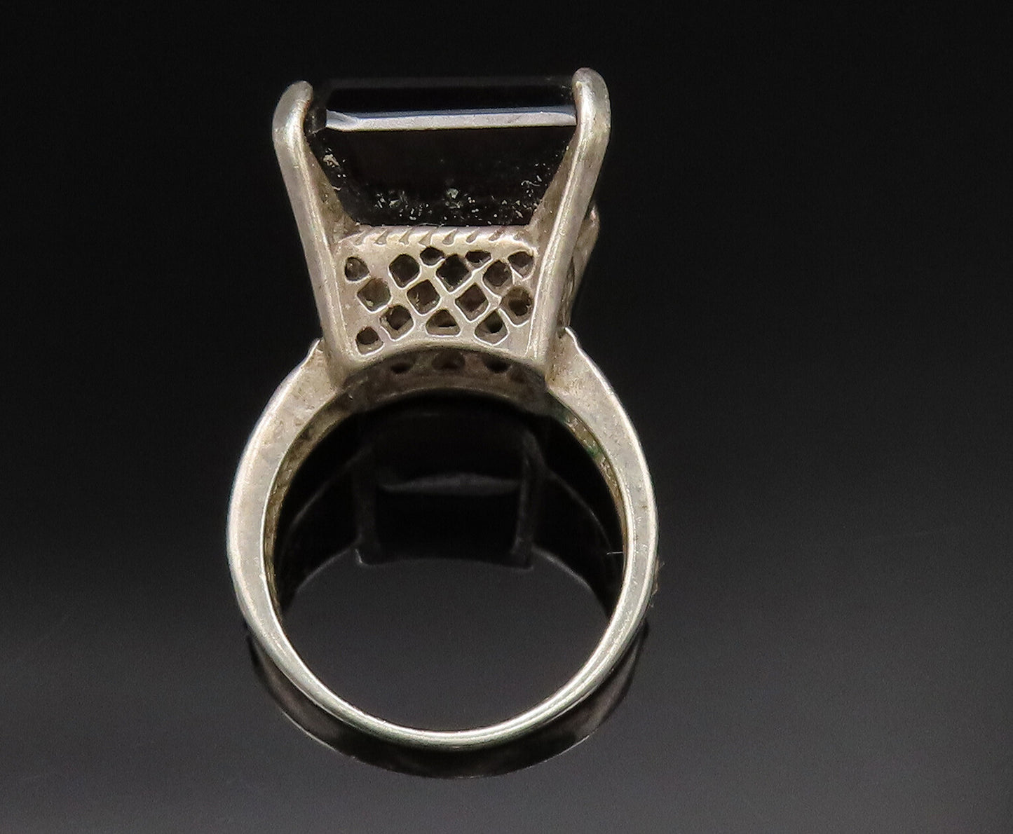 925 Silver Vintage Square Smoky Quartz Open Pattern Band Ring Sz 7.5  RG25394