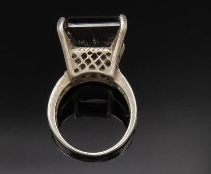 925 Silver Vintage Square Smoky Quartz Open Pattern Band Ring Sz 7.5  RG25394