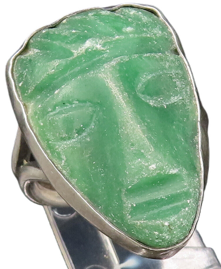 925 Sterling Silver Vintage Carved Warrior Face Jade Ring Sz 8 RG26118