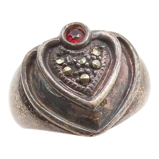 925 Sterling Silver Vintage Ring Garnet & Marcasite Love Heart Band Sz 6 RG35256