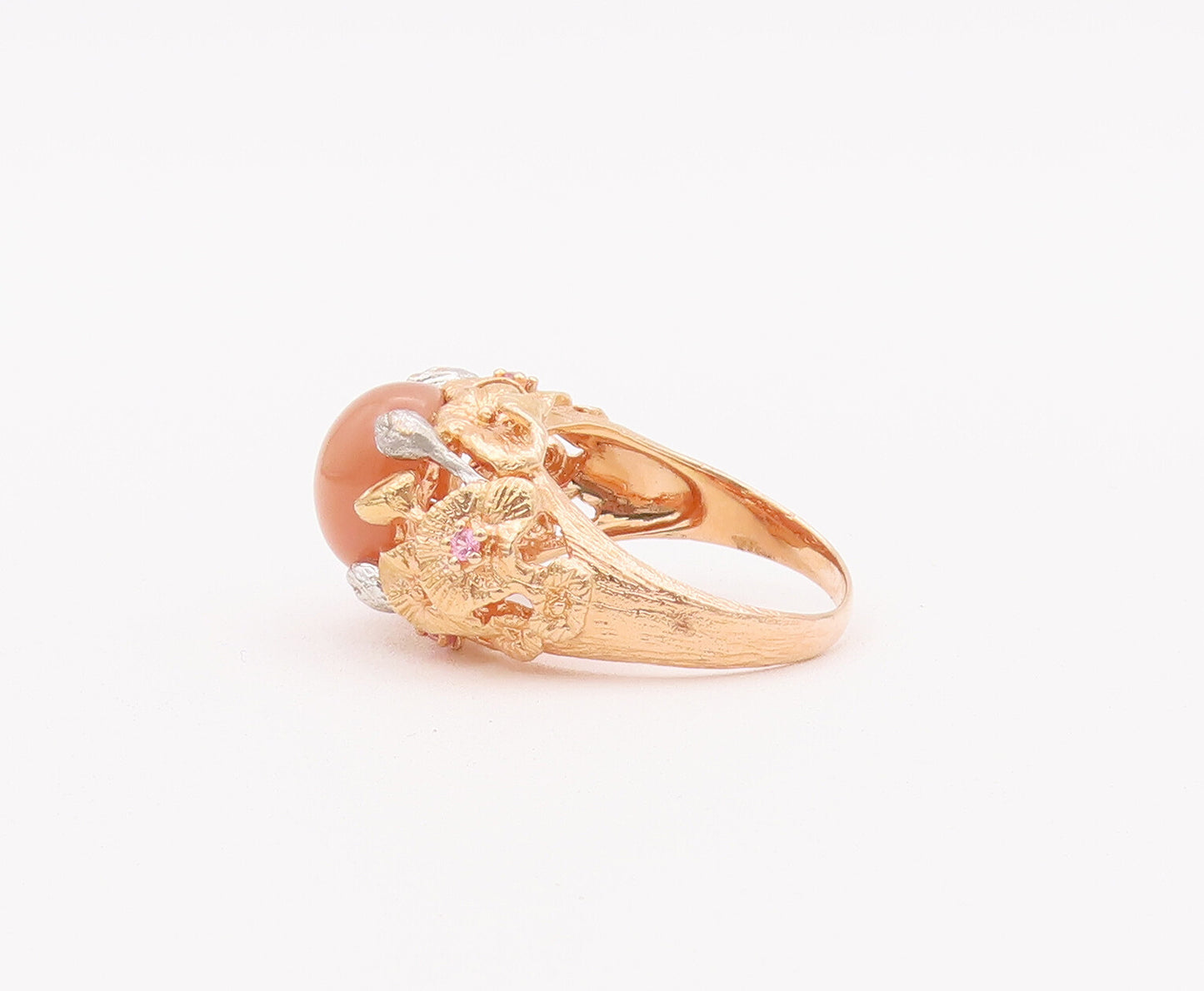 925 Sterling Silver Vintage Ring Gold Plated Floral Cream Gemstone Sz 9  RG28033