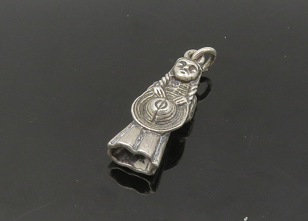 925 Sterling Silver  Vintage Petite Woman Holding Hat Pendant  PT18043