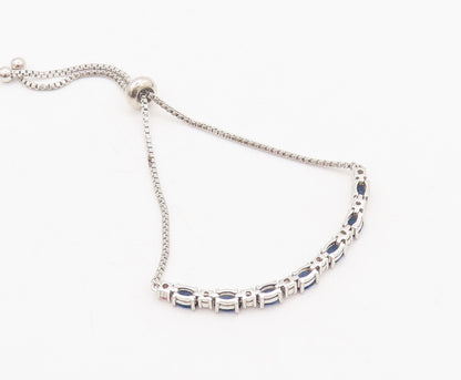 925 Sterling Silver  Vintage Blue White CZ Adjustable Tennis Bracelet  BT10060