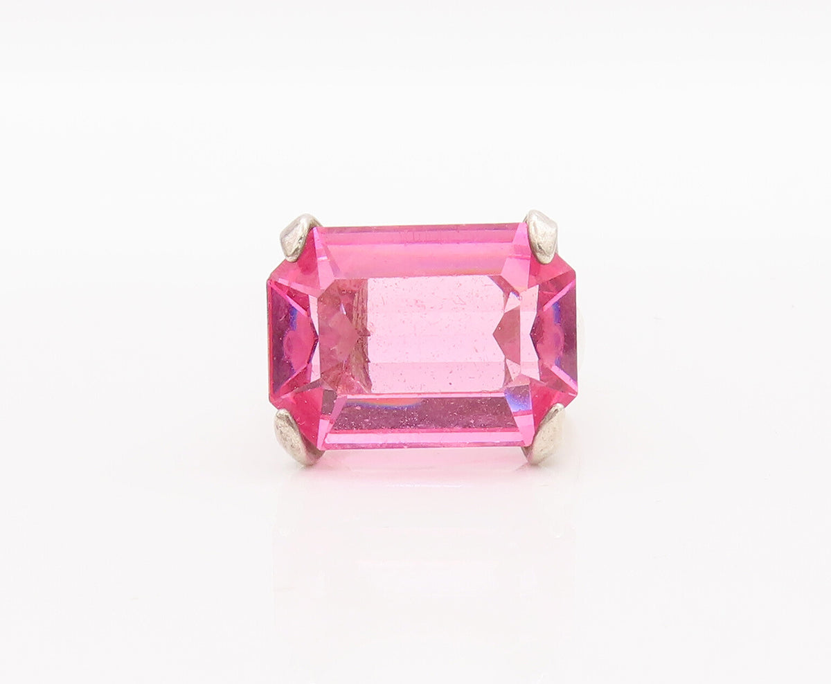 925 Sterling Silver Vintage Ring Large Rectangle Cut Pink CZ  Sz 5.5  RG28305