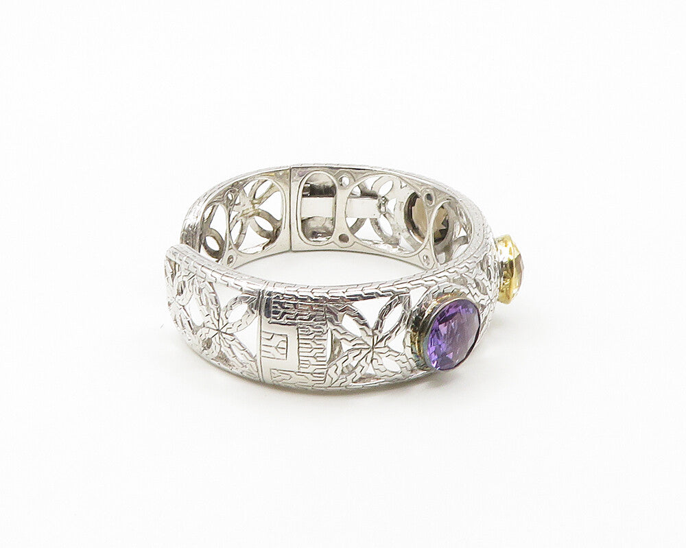 925 Silver & 14K GOLD  Topaz Amethyst & Citrine Floral Cuff Bracelet  BT7172