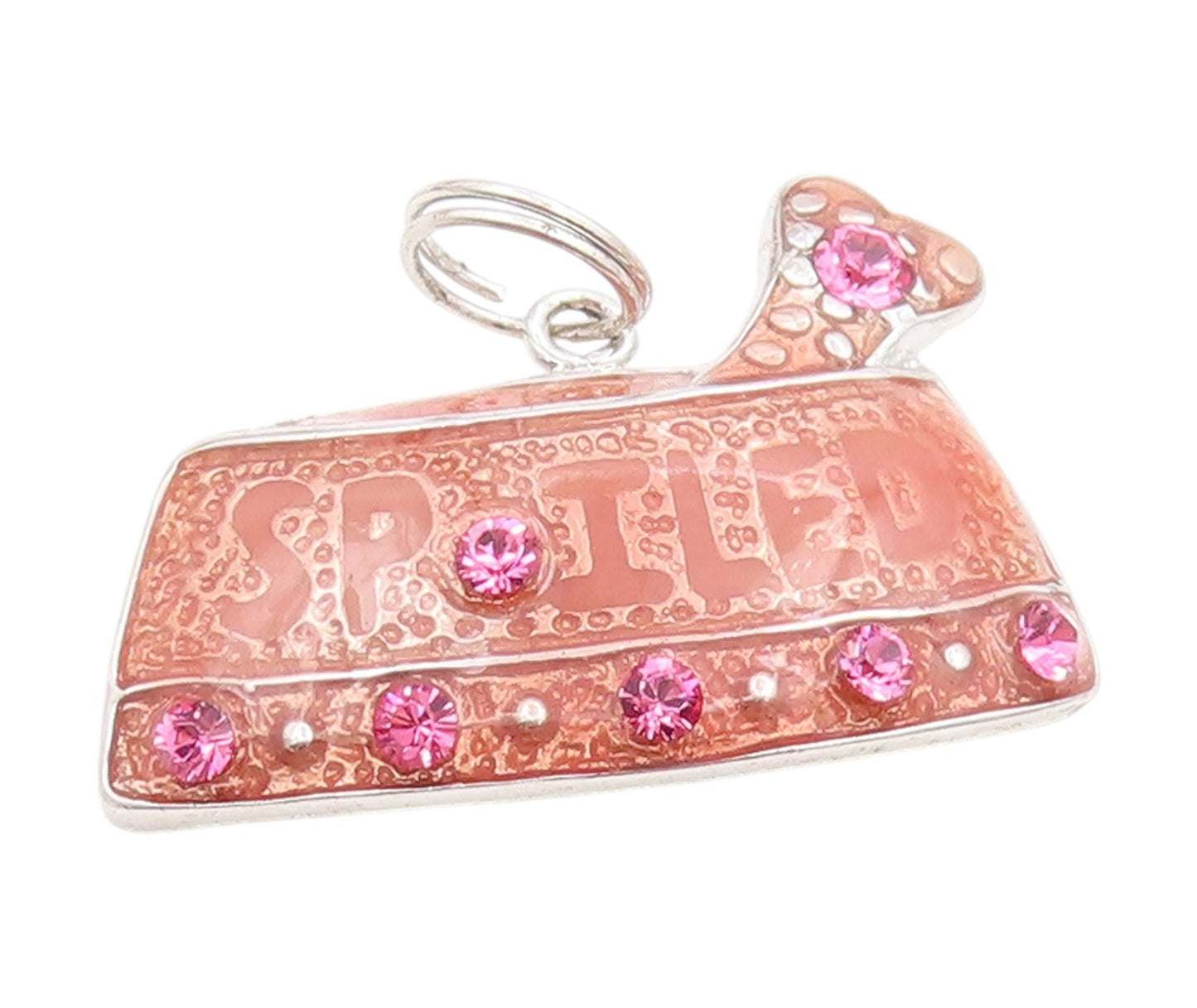 925 Sterling Silver Vintage Pendant Pink Topaz Enameled Spoiled Pet Tag  PT25434