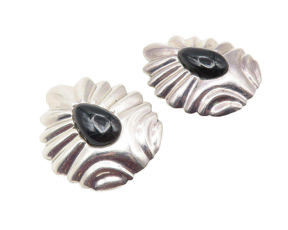 MEXICO 925 Sterling Silver Vintage Black Onyx Fluted Non Pierce Earrings  EG5739