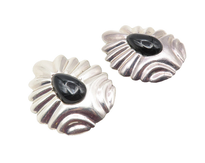 MEXICO 925 Sterling Silver Vintage Black Onyx Fluted Non Pierce Earrings  EG5739