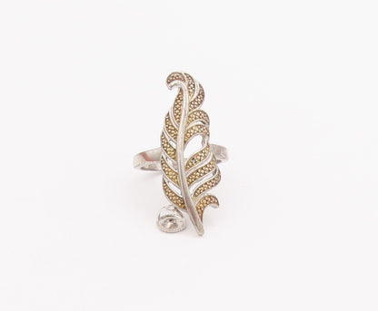 925 Sterling Silver Vintage Ring Designer Beaded Carved Leaf  Sz 7  RG28347