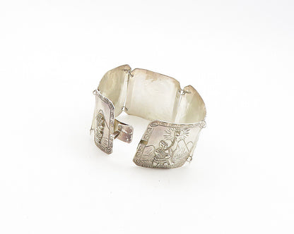 PERU 925 Silver  Vintage Shiny Camel Desert Scene Panel Chain Bracelet  BT7506