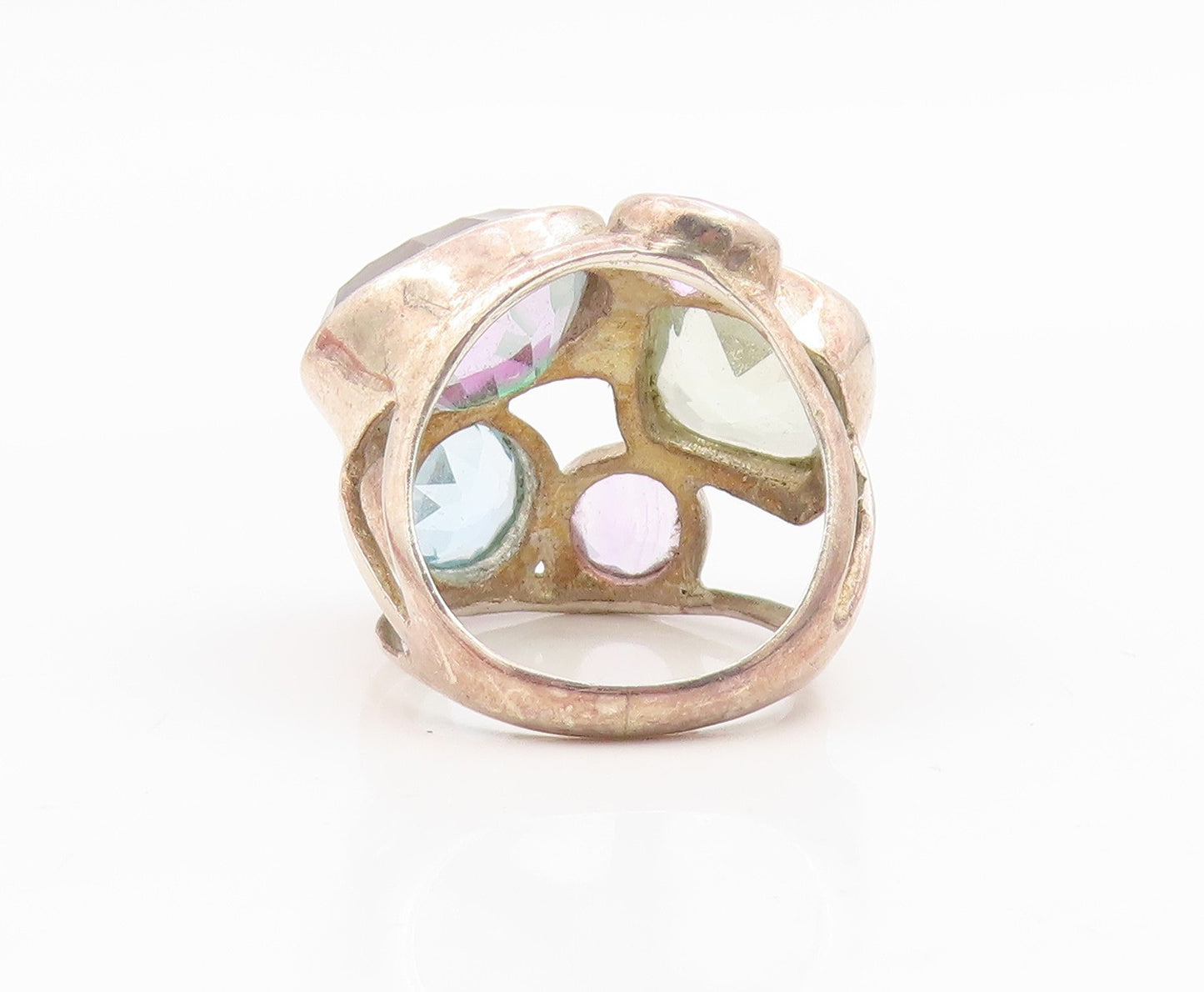 925 Sterling Silver Vintage Ring Bezel Set Multi Gemstone Cluster Sz 6.5 RG34926