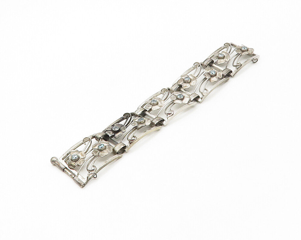 KARLAH & BLEICHER 925 Silver  Vintage Blue Topaz Floral Chain Bracelet  BT6697