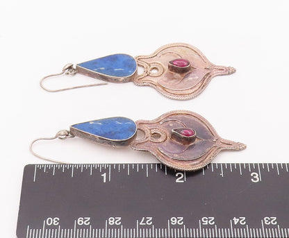 925 Sterling Silver Vintage Earrings Antique Lapis Lazuli & Rhodolite EG12915