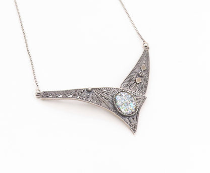 925 Sterling Silver Vintage Necklace ISRAEL Roman Glass Filigree Chain  NE4711